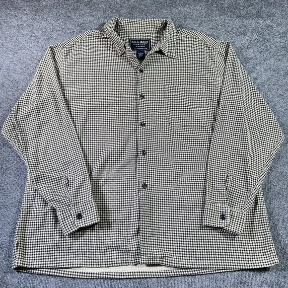 Vintage Polo Ralph Lauren Flannel Shirt Large Beige Houndstooth Loop Collar Camp